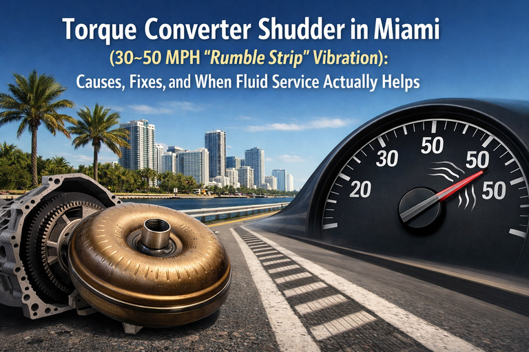 Torque Converter Shudder in Miami (30–50 MPH “Rumble Strip” Vibration): Causes, Fixes, and When Fluid Service Actually Helps